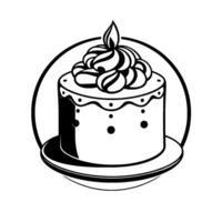 A round, layered cake with whipped cream swirls and a flame on top, in a black and white circular on a plate. vector