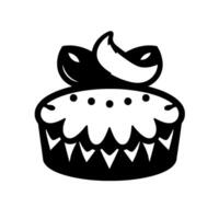 Bold black and white cupcake illustration with frosting, cherries, and decorative scalloped edges, a simple, . vector