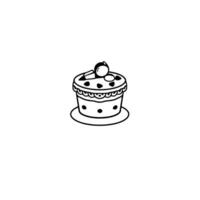 Simple black and white line art illustration of a whimsical, layered cake with dots, topped with decorative elements, set on a plain plate and isolated on white. vector