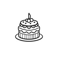 A simple, charming, black and white line art illustration of a layered cake, topped with cherries, on a plate, exuding a playful and sweet aesthetic. vector