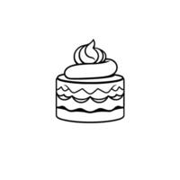 Monochromatic illustration of a round cake with wavy decorations and a swirl of frosting on top, set against a clean white background. vector