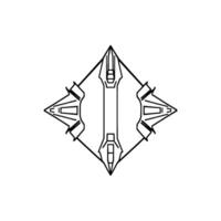 Geometric symmetrical black and white featuring a central elongated structure within a diamondshaped frame, with angular elements radiating outwards. vector