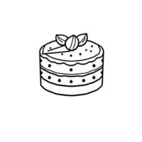 illustration of a layered cake decorated with leaves and a nut, a black outline drawing on a white background. vector