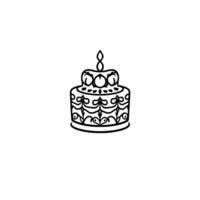 Blackandwhite line art illustration of a twotiered decorated cake with a single lit candle, centered on a plain white background. vector