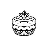 A minimalist black and white illustration of a round cake, decorated with flowerlike frosting and dot details, isolated on a white background. vector