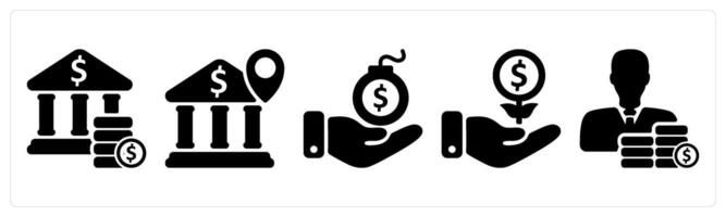 Set of 5 business icons as bank savings, bank location, debt vector