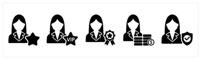 Set of 5 business icons as star employee, vip user, premium member vector