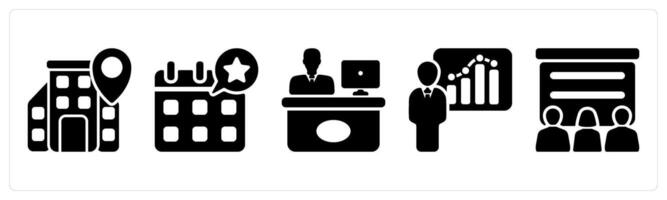 Set of 5 business icons as office location, event schedule, reception vector