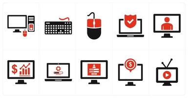 Set of ten 10 mix icons in red as computer, keyboard, mouse vector