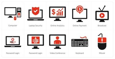 Set of ten 10 mix icons as computer, laptop security, online analytics vector