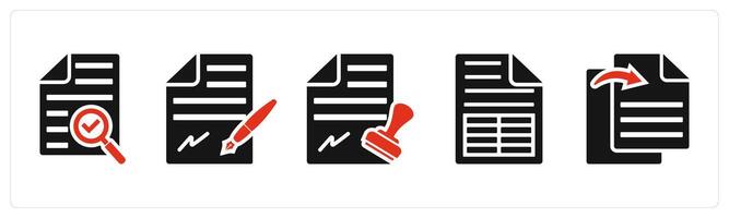 Set of 5 mix icons in red color as search file, agreement, stamp paper vector