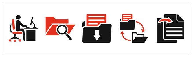 Set of 5 mix icons in red color as office work, search folder, download folder vector