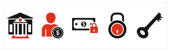Set of five mix icons in red filled as bank, accountant, money security vector