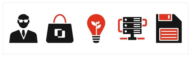 Set of 5 mix icons in red color as businessman, business bag, inspiration vector