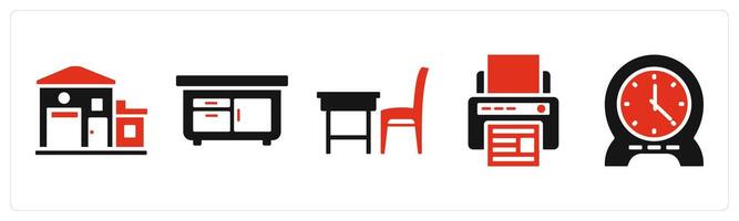 Set of 5 mix icons in red color as office, drawers, office table vector