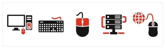 Set of 5 mix icons in red color as computer, keyboard, mouse vector