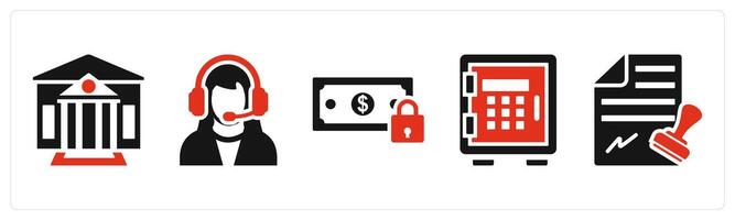 Set of 5 mix icons in red color as bank, customer support, money security vector
