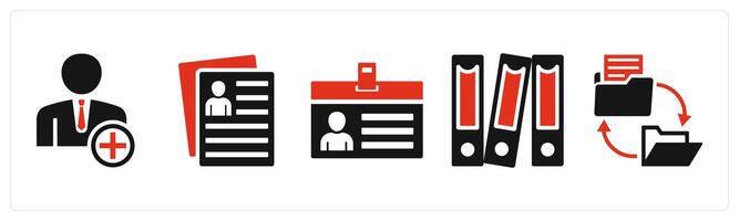 Set of 5 mix icons in red color as create user, user details, id card vector