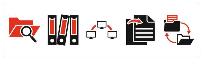 Set of 5 mix icons in red color as search folder, files, data transfer vector