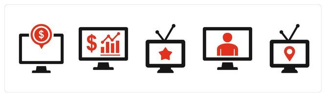 Set of five mix icons in red filled color as online payment, online analytics, broadcast vector