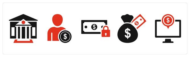 Set of five mix icons in red filled as accountant, money security vector