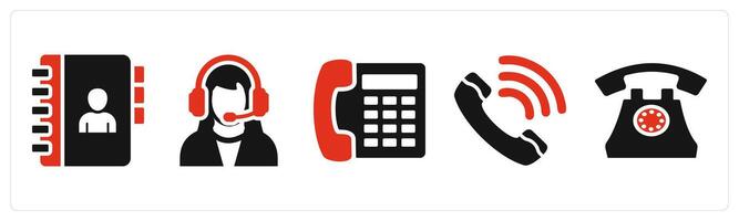 Set of 5 mix icons in red color as contact book, customer support, telephone vector