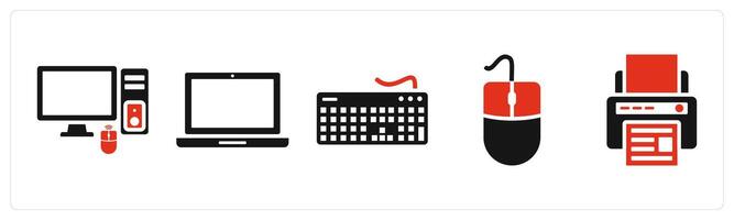 Set of 5 mix icons in red color as computer, laptop, keyboard vector