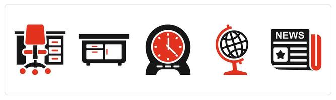 Set of 5 mix icons in red color as office table, drawers, clock vector