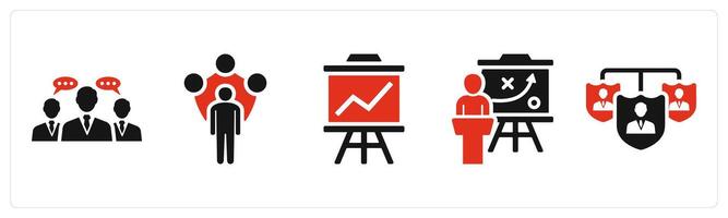 Set of 5 mix icons in red color as business conversation, security adminsitrator, business presentation vector