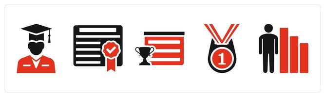 Set of 5 mix icons in red color as graduate man, certificate, trophy vector