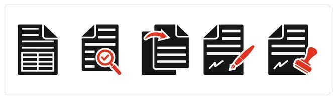 Set of 5 mix icons in red color as article, search file, file transfer vector
