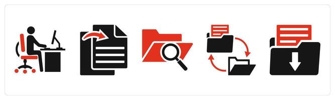 Set of 5 mix icons in red color as office work, file transfer, search folder vector