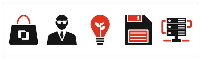 Set of 5 mix icons in red color as business bag, businessman, inspiration vector