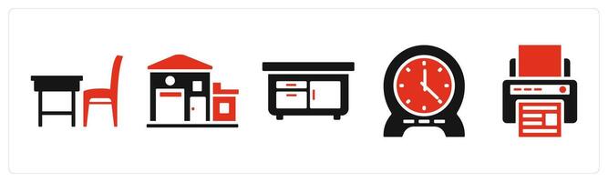 Set of 5 mix icons in red color as office table, office, drawers vector