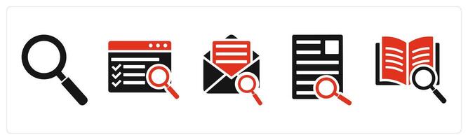 Set of 5 mix icons in red color as search, webpage search, search mail vector