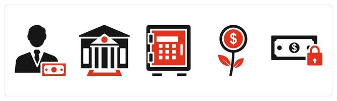Set of 5 mix icons in red color as accountant, bank, locker vector