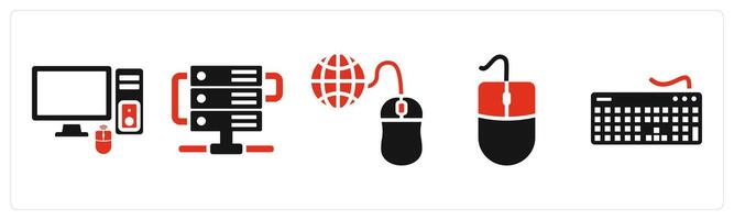 Set of 5 mix icons in red color as computer, server, ppc vector