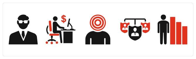 Set of 5 mix icons in red color as businessman, office work, business target vector