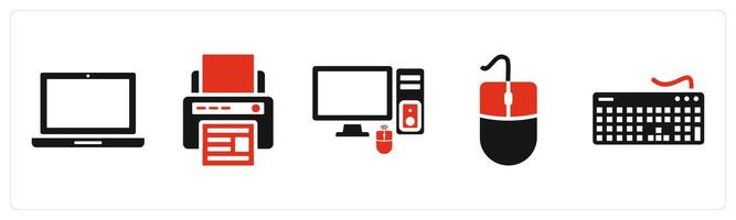 Set of 5 mix icons in red color as laptop, printer, computer vector