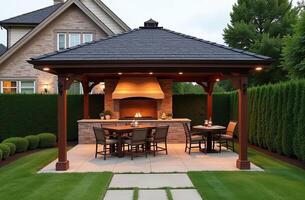 Gazebo with barbecue area in the courtyard of the house with barbecue, stove, table, roof. photo