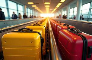 A bunch of yellow and red suitcases at the airport - cargo control, baggage allowance and hand luggage parameters on the plane, security, check-in and delivery of personal belongings. photo