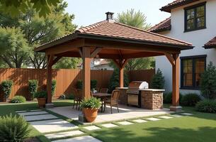Gazebo with barbecue area in courtyard of the house with barbecue, stove, table, roof. photo