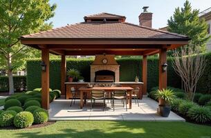 Gazebo with barbecue area in courtyard of house with barbecue, stove, table, roof. photo