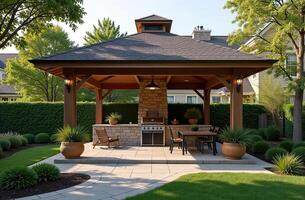 Gazebo with barbecue area in the courtyard of house with barbecue, stove, table, roof. photo