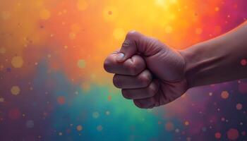 Clenched Fist Hand Against Abstract Bokeh Background photo