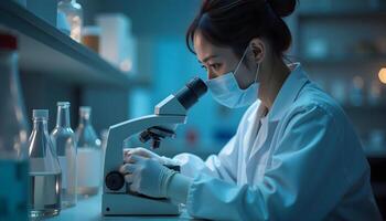 Female Scientist Using Microscope in Lab with Protective Gear photo