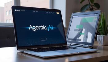 Two Laptops Displaying Agentic AI Interface on Wooden Desk photo