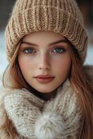 Winter style featuring a cozy knitted hat with a balabon and warm scarf in a snowy setting photo