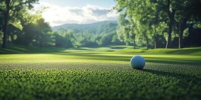 Golf swing captured on a beautiful course with lush greens and afternoon light. Header banner mockup with copy space. photo