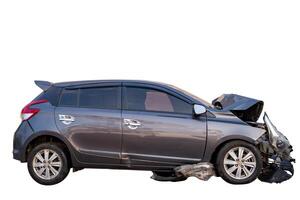 Car crash, Full body side view of black car get damaged by accident on the road. damaged cars after collision. Isolated on white background with clipping path, car crash broken photo